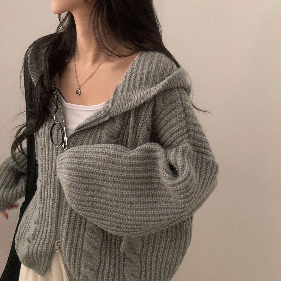 Damen Bequemer Strickjacke mit Kapuze und Reißverschluss R&B
