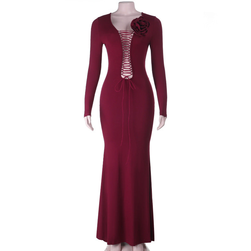 Damen figurbetontes Maxikleid mit Schnürung und floralem Detail R&B