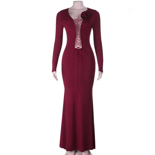 Damen figurbetontes Maxikleid mit Schnürung und floralem Detail R&B