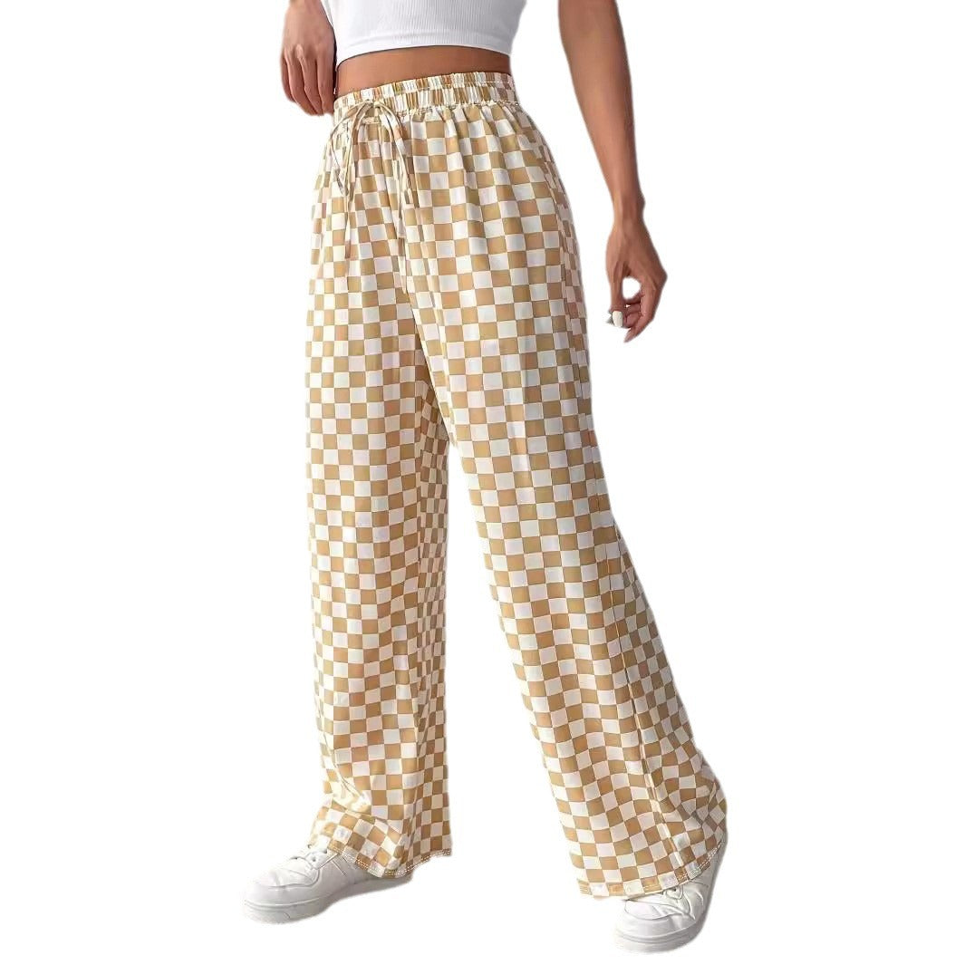 Damen weite Karohose mit elastischem Bund und Bindegurt R&B