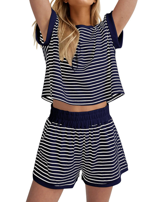 Damen Lässiges gestreiftes Set aus lockerer Oberteil und Shorts R&B