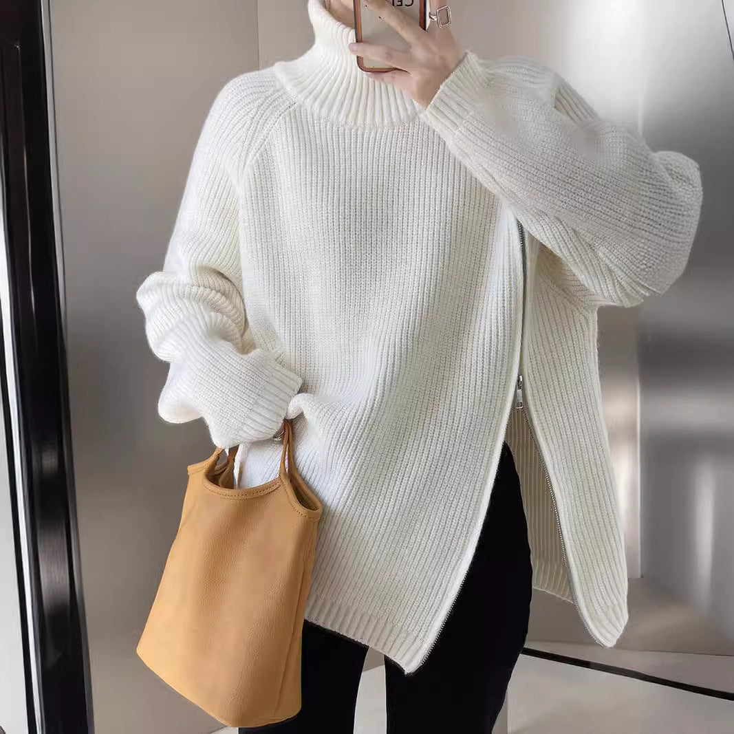 Damen lässiger Strickpullover mit seitlichem Reißverschluss und hohem Kragen R&B
