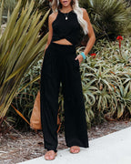 Damen weite Leinenhose mit elastischem Taillenbund und seitlichen Falten R&B