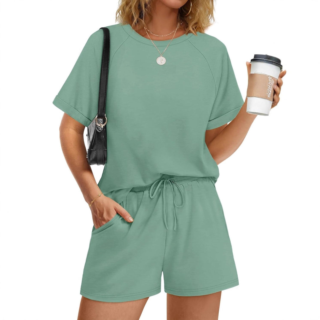 Damen lässiger Kombi aus T-Shirt und Shorts mit elastischem Bund R&B