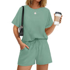 Damen lässiger Kombi aus T-Shirt und Shorts mit elastischem Bund R&B