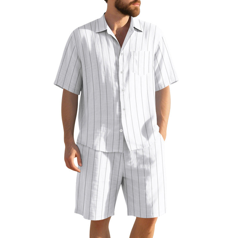 Herren Kurzarm-Pyjama-Set mit dezentem Streifenmuster und praktischer Brusttasche R&B