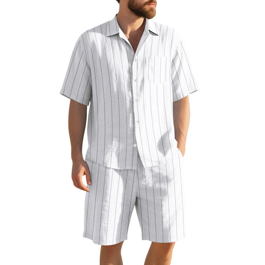 Herren Kurzarm-Pyjama-Set mit dezentem Streifenmuster und praktischer Brusttasche R&B