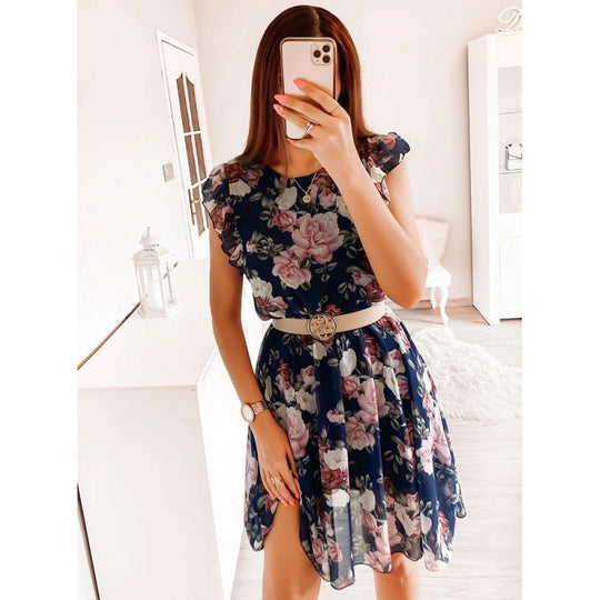 Damen Sommerliches Blumenkleid mit Rüschendetails und Taillengürtel R&B