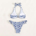 Damen Triangel-Bikini mit buntem Blumenmuster und verstellbaren Bindändern