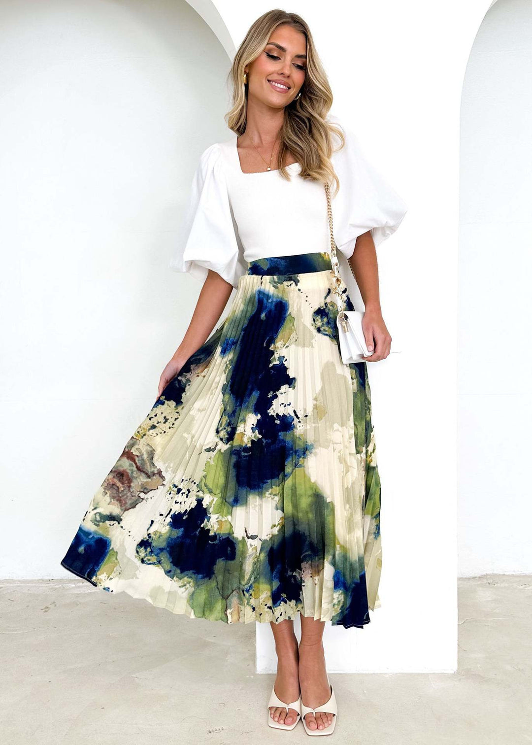 Damen Plissee-Rock mit farbenfrohem Aquarell-Muster und eleganter Taille R&B