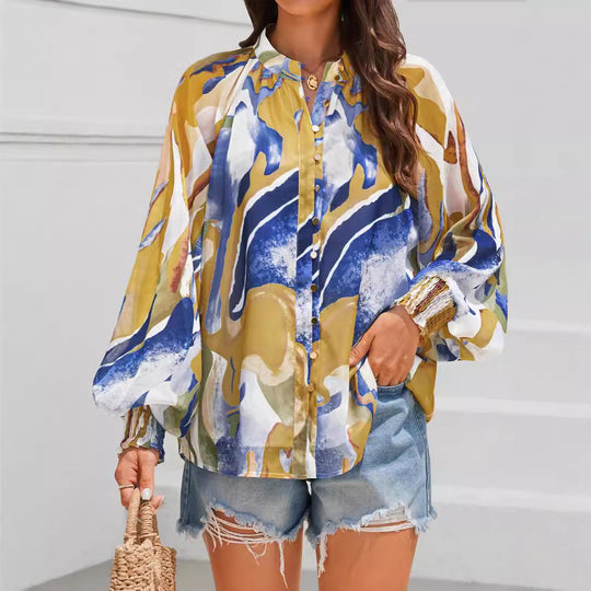 Damen Bluse mit kunstvollem Druck und geschöpften Ärmeln R&B