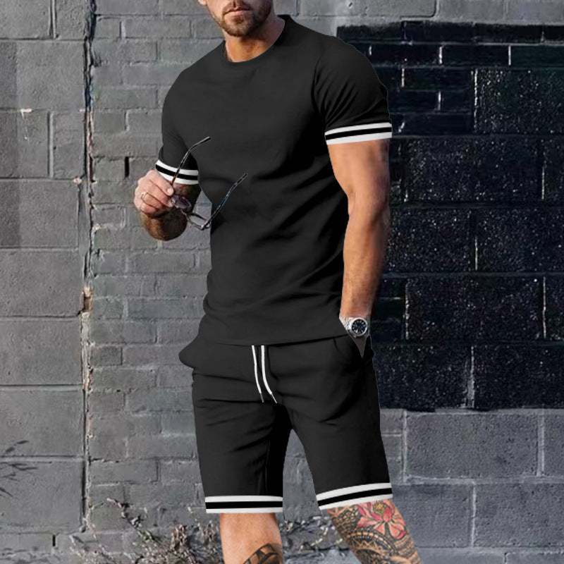Herren nan athletisches Freizeit-Set aus Baumwoll-Feinjersey mit Kontrastbündchen und Kordelbund-Kurzhose R&B