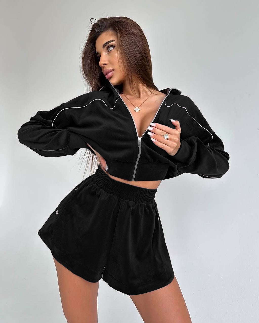 Damen sportliches Fleece-Crop-Set mit Reißverschluss und Druckknöpfen R&B