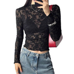 Damen nan eng anliegendes Spitzen-Langarmshirt mit floraler Ajour-Spitze, leicht transparent und Stehkragen R&B