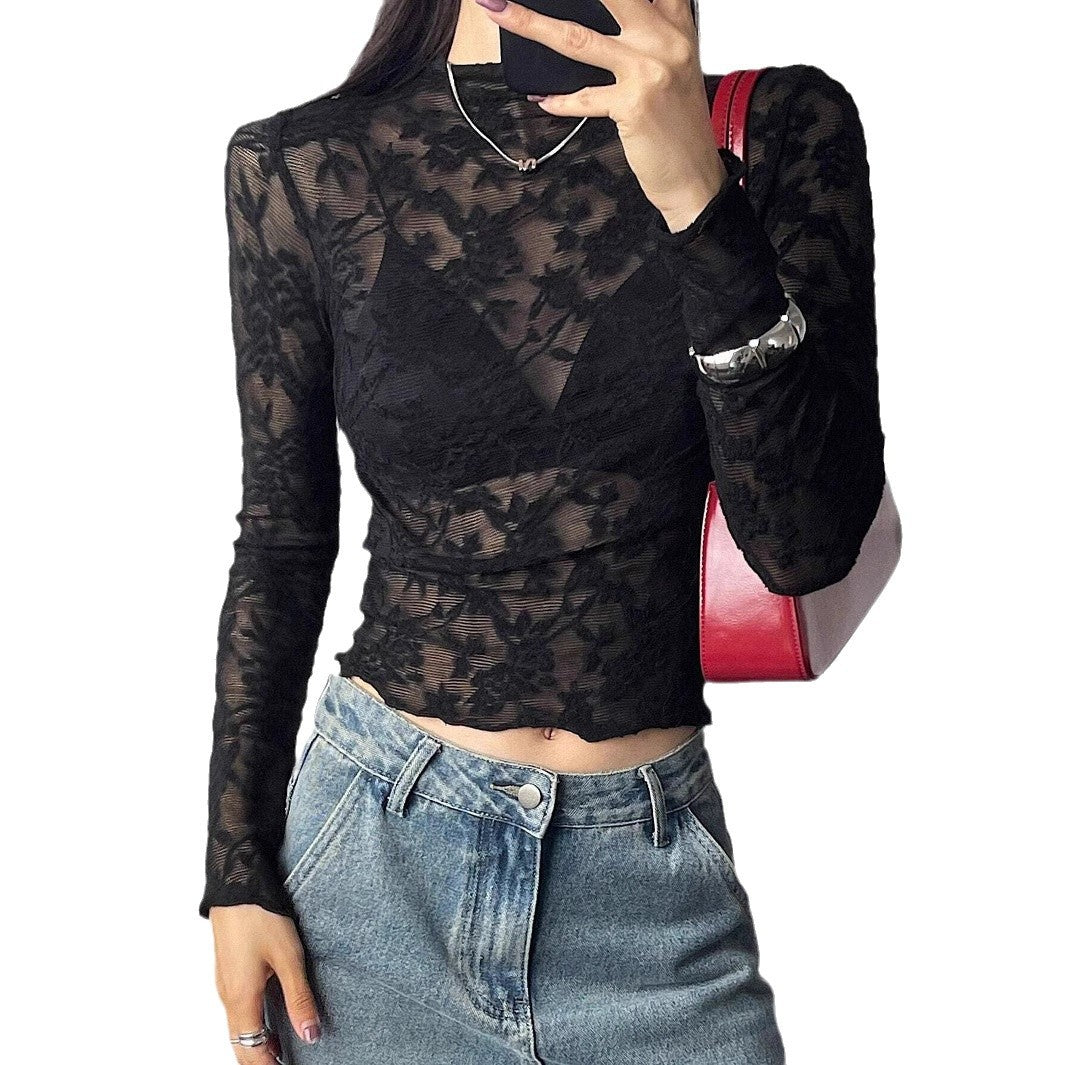 Damen nan eng anliegendes Spitzen-Langarmshirt mit floraler Ajour-Spitze, leicht transparent und Stehkragen R&B
