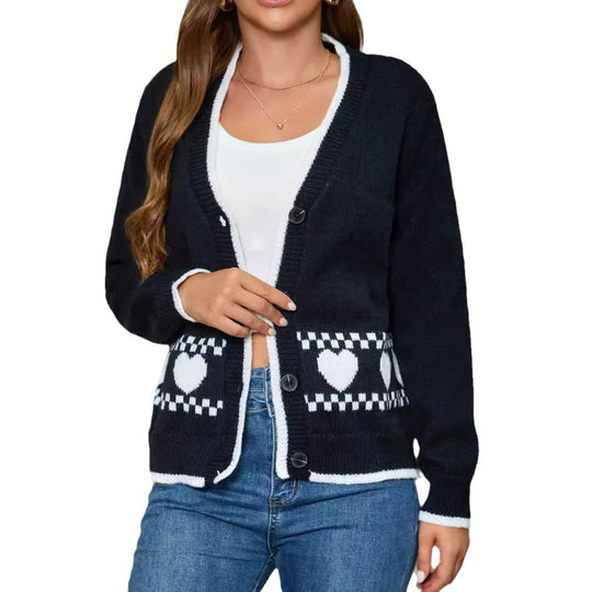 Damen Cardigan mit Herzmuster und kontrastierenden Details R&B