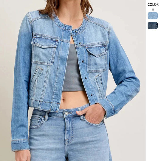 Damen Jeansjacke im lässigen Cropped-Schnitt mit praktischen Taschen und Knopfdetails R&B