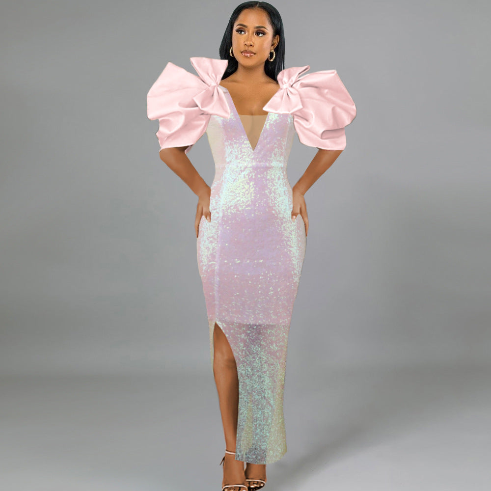 Damen Figurbetontes Glamour-Kleid mit schimmerndem Stoff und voluminösen Ärmeln R&B