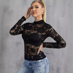 Damen nan figurbetontes Spitzen-Longsleeve mit Stehkragen und floralem Ajour-Muster R&B