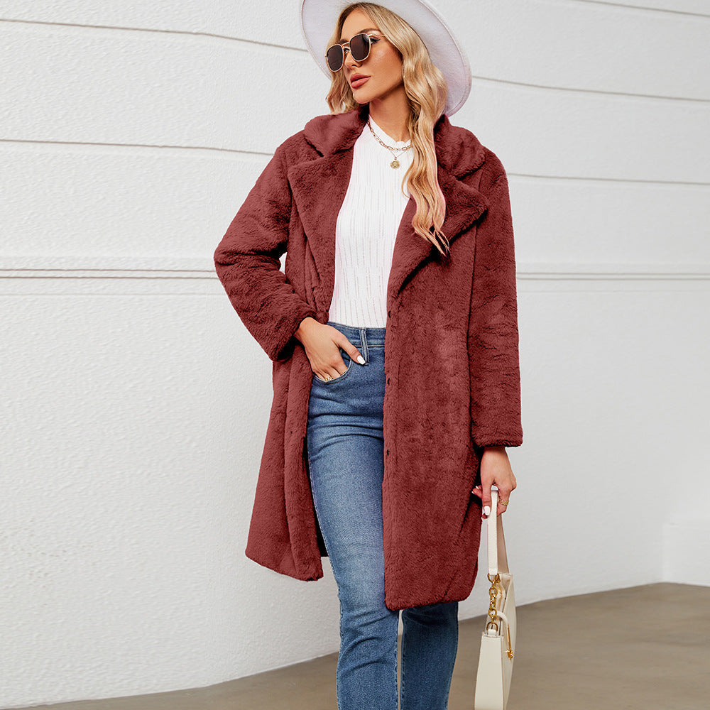 Damen Eleganter Kunstpelzmantel mit tiefem Kragen R&B