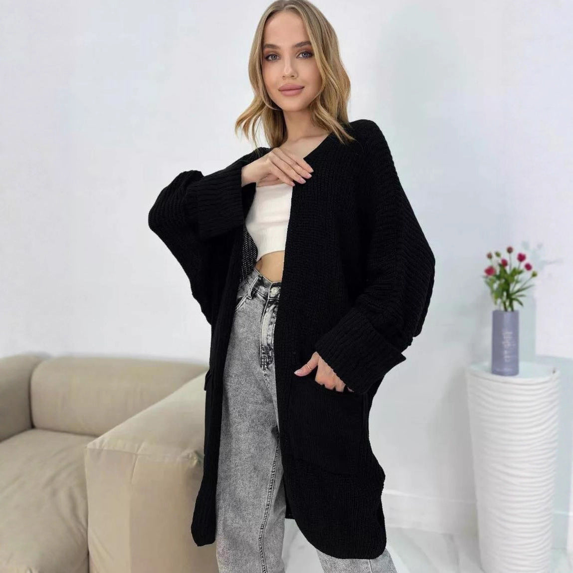 Damen Grobstrickcardigan mit großzügigen Taschen und lässigem Schnitt R&B