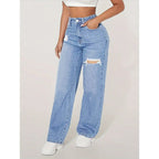 Damen weite Jeans mit modischen Rissdetails und hohem Bund R&B