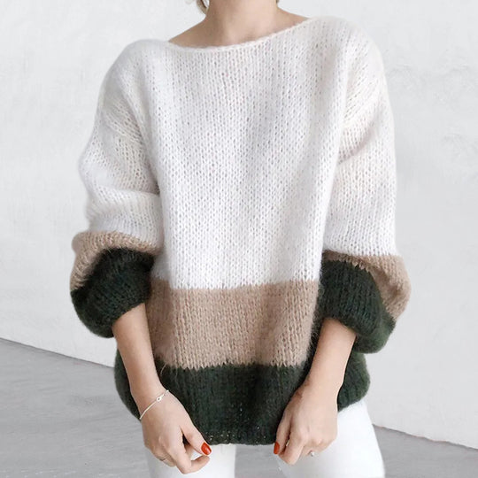 Damen Grobstrickpullover mit modernem Blockmuster und lässigem Schnitt R&B
