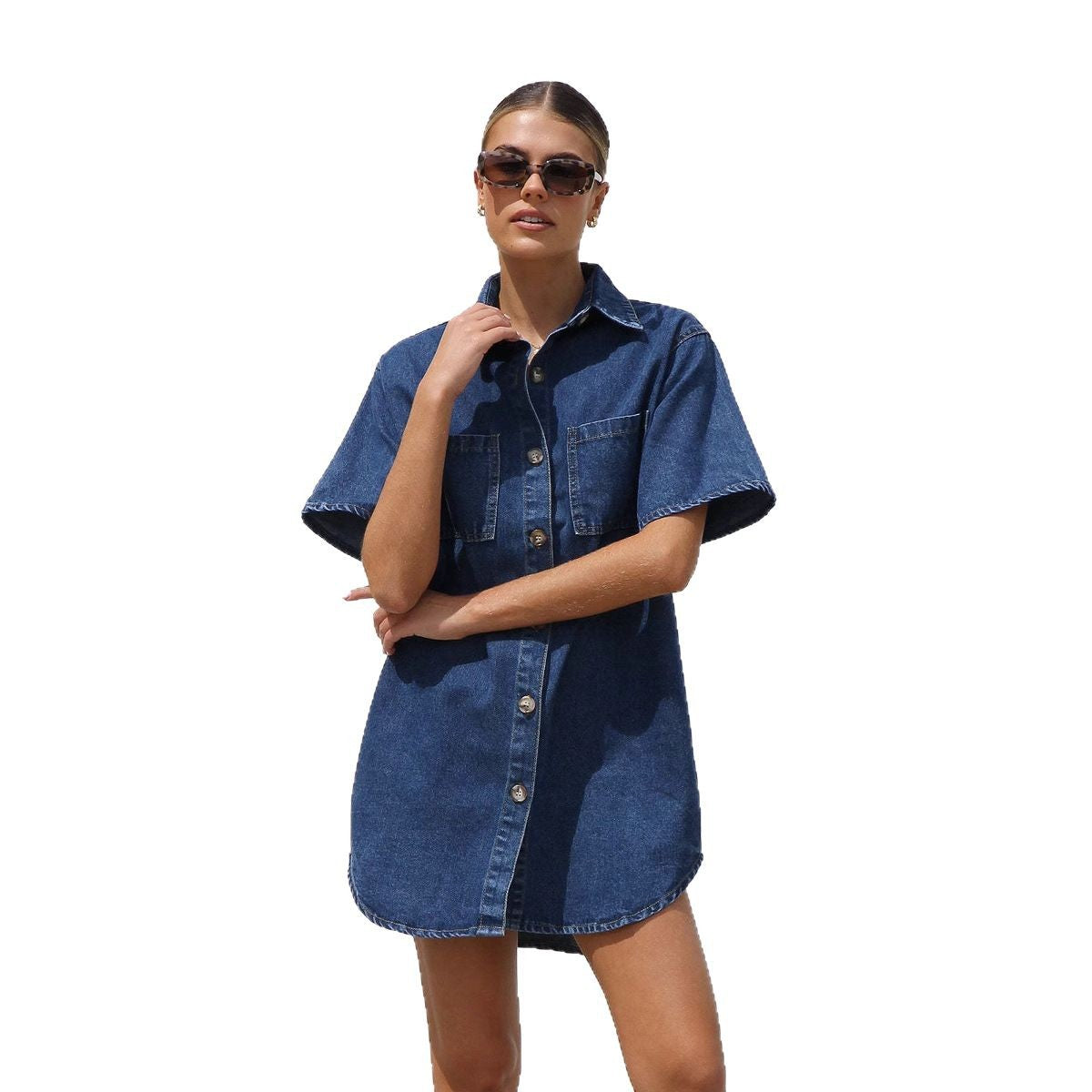 Damen Jeanshemdkleid mit praktischen Taschen und hochwertiger Baumwollmischung R&B