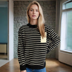 Damen lässiger Strickpullover mit breitem Streifenmuster und überschnittenen Schultern R&B