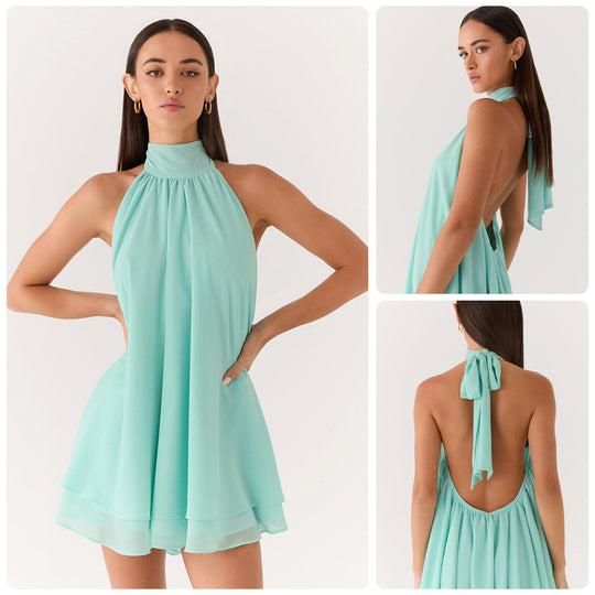Damen elegantes Hochgeschlossenes Minikleid mit fließendem Stoff und verspieltem Volant R&B