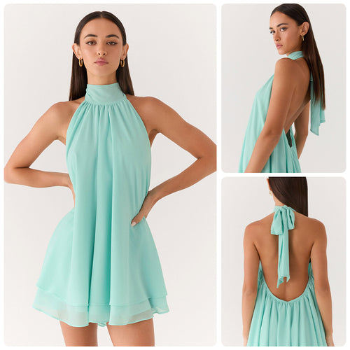 Damen elegantes Hochgeschlossenes Minikleid mit fließendem Stoff und verspieltem Volant R&B