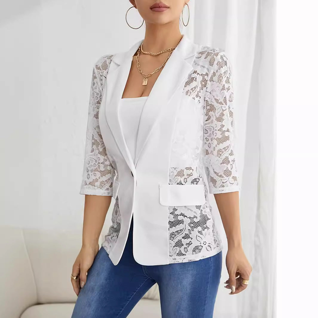 Damen Eleganter Spitzenblazer mit transparenten Ärmeln R&B