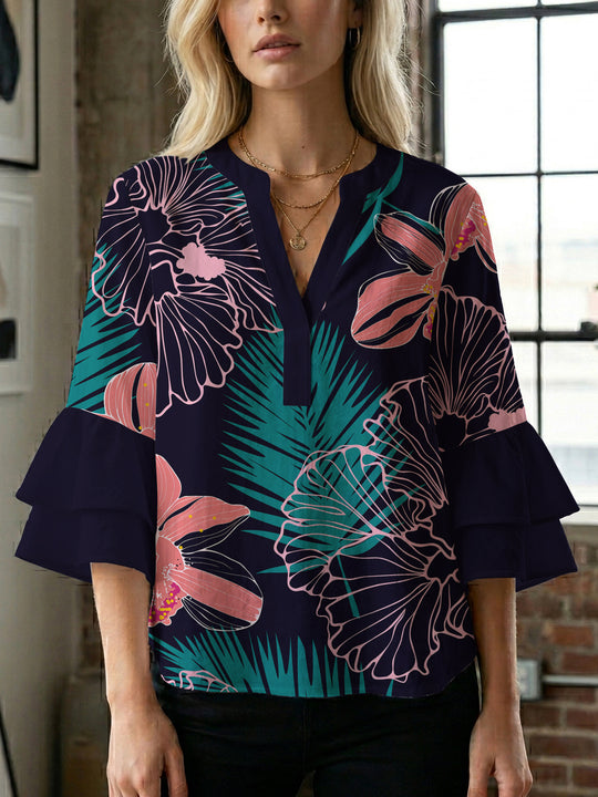 Damen Bluse mit voluminösen Rüschenärmeln und floralem Druck R&B