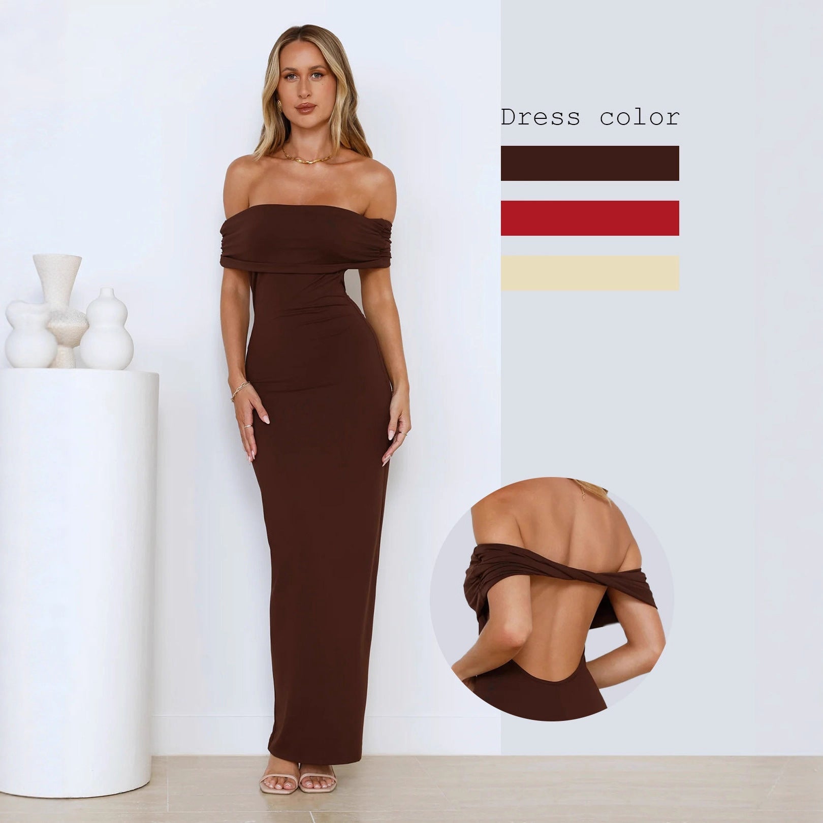 Damen Elegantes Maxikleid mit Off-Shoulder Schnitt und figurbetonter Passform R&B