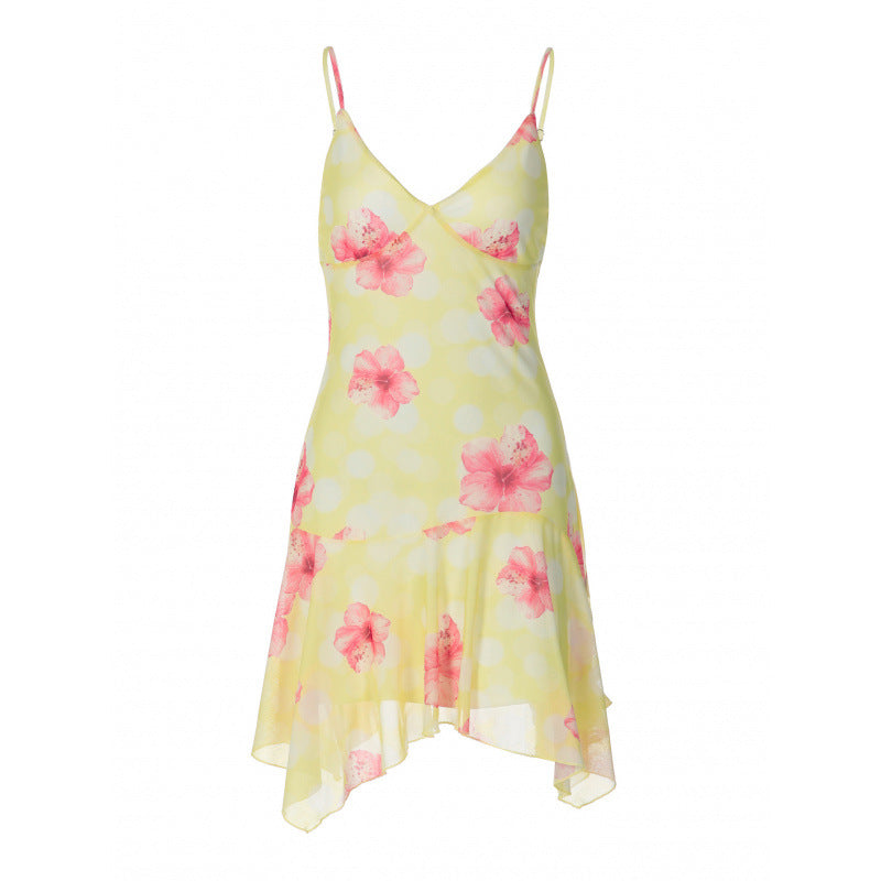 Damen flirtendes Minikleid mit floralem Volant und tiefem V-Ausschnitt R&B