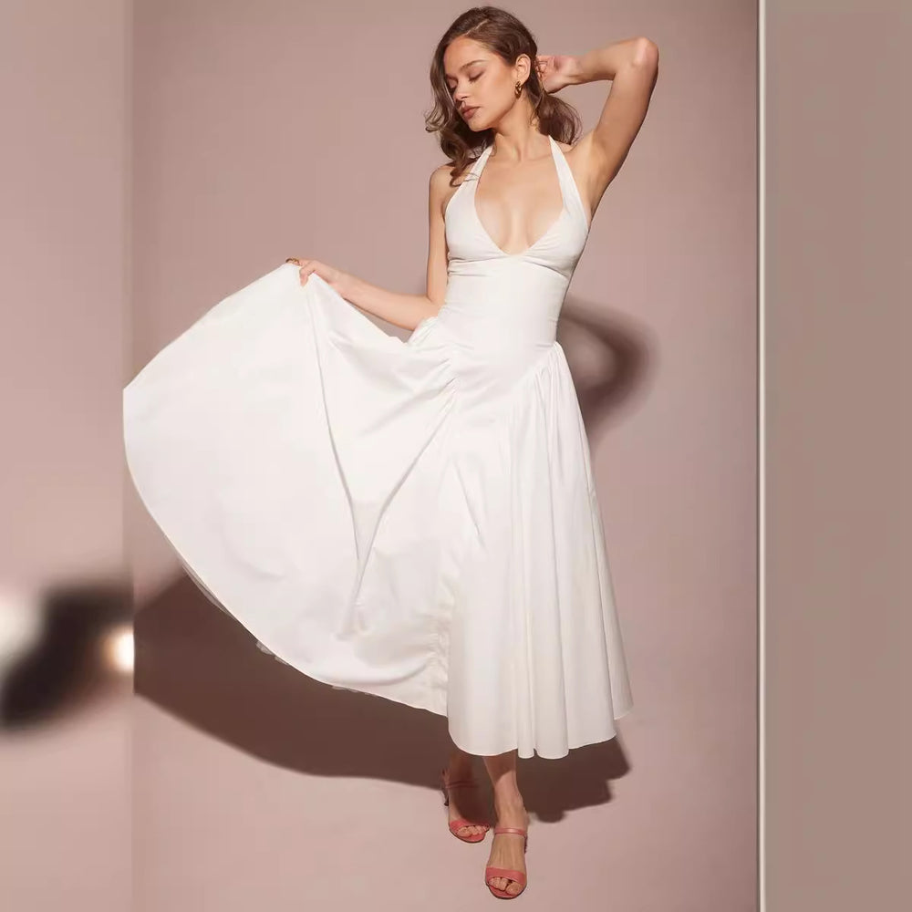 Damen Elegantes Kleid mit tiefem V-Ausschnitt und voluminösem Rock R&B