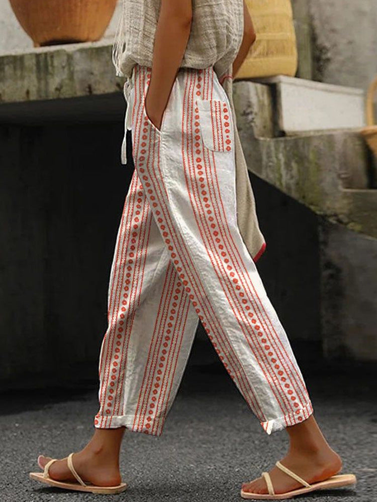Damen Weite Leinenhose mit handgewtem Muster