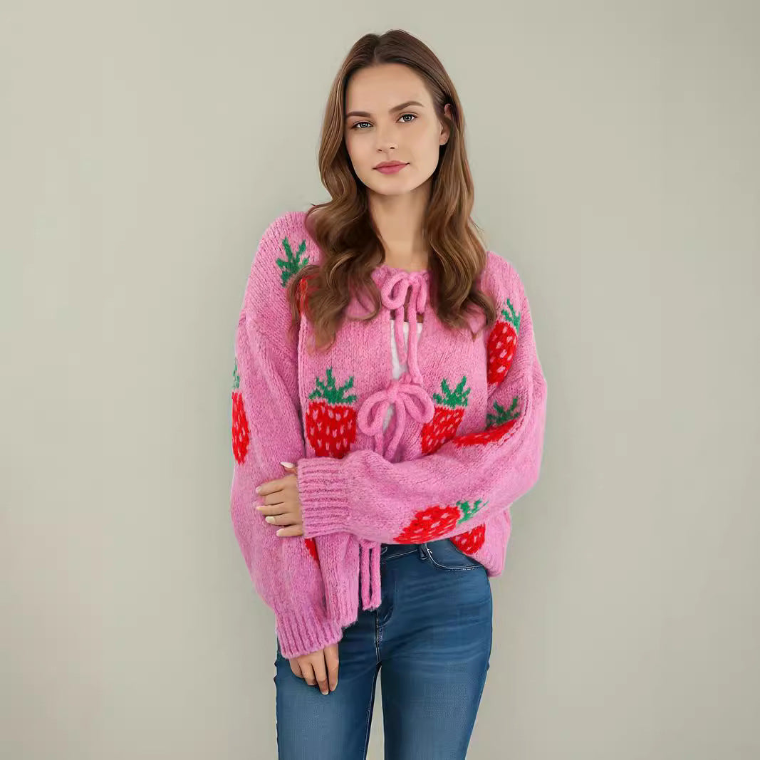 Damen kuscheliger Pullover mit fruchtigem Erdbeer-Motiv R&B