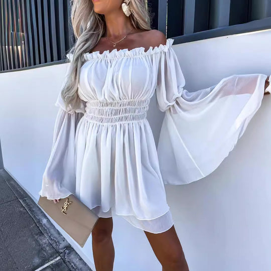 Damen Off-Shoulder Minikleid mit elastischem Taillenband und fließendem Stoff R&B
