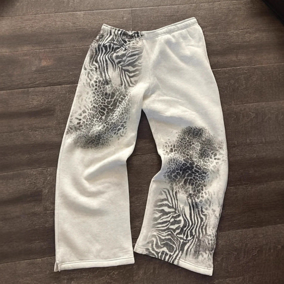 Damen nan lockere Sweathose mit asymmetrischem Animal-Print, elastischem Komfortbund und geradem Bein R&B