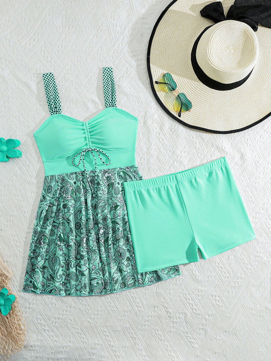 Damen Tankini-Set mit raffinierter Raffung und floralem Rock-Design R&B
