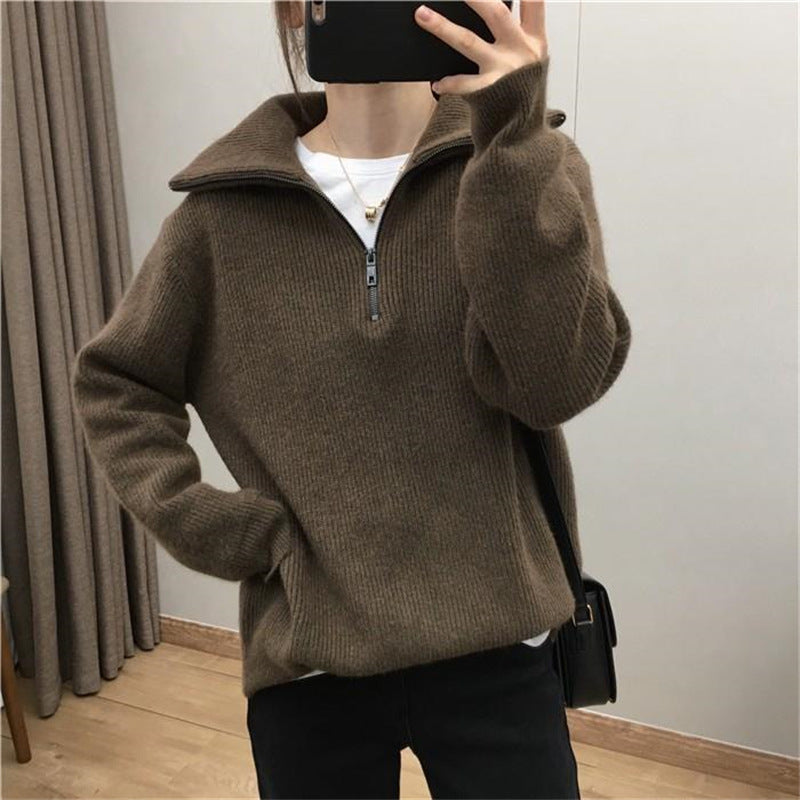 Damen Leichter Strickpullover mit hohem Kragen und Reißverschluss R&B