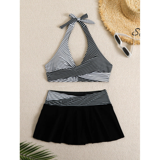 Damen Sport-Bikini-Set mit hochgeschlossenem Oberteil und schwingendem Rock R&B