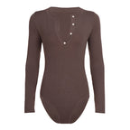Damen Langarm-Bodysuit mit Knopfleiste und Rippstruktur R&B