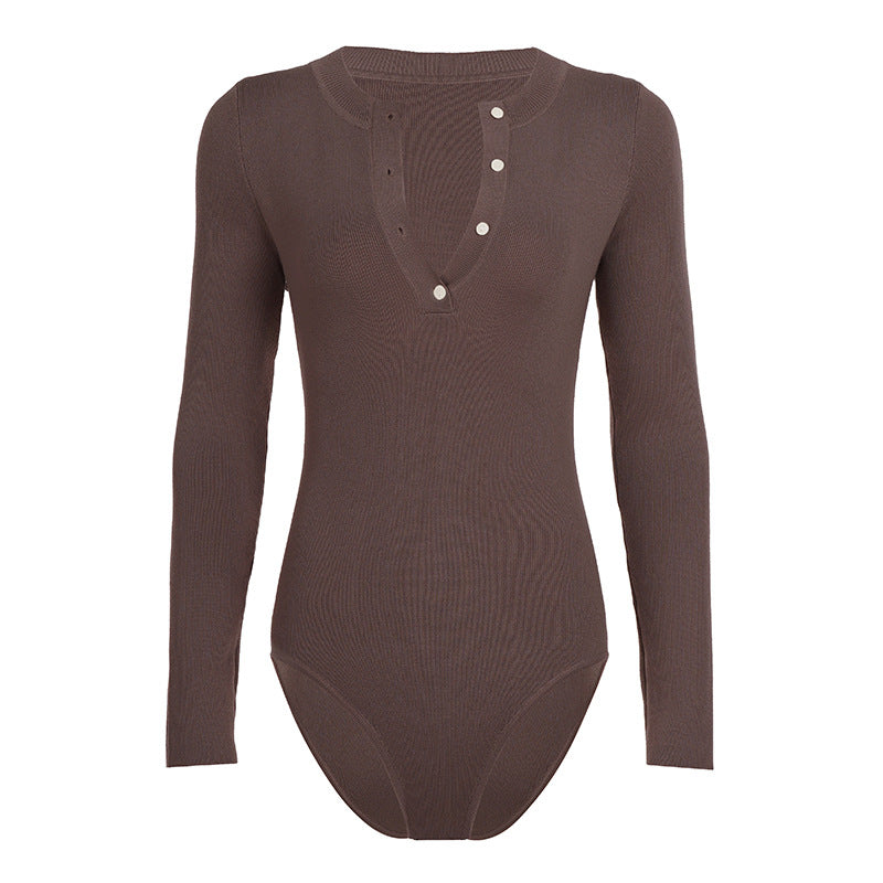Damen Langarm-Bodysuit mit Knopfleiste und Rippstruktur R&B