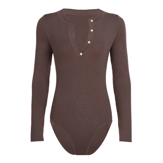 Damen Langarm-Bodysuit mit Knopfleiste und Rippstruktur R&B