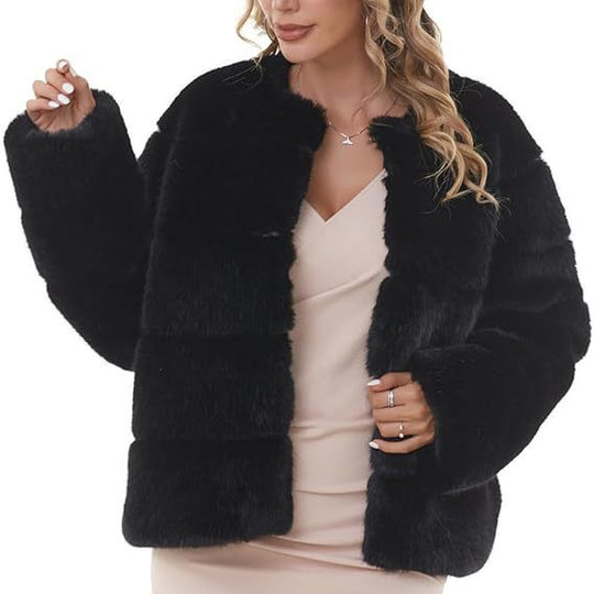 Damen Kuschelige Kunstpelzjacke mit modischem Puffärmel-Design R&B