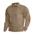 Herren nan schwerer gerippter Baumwoll-Polo-Pullover mit Kentkragen dreifach-Knopfleiste und Wildleder-Ellenbogenpatches R&B