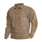 Herren nan schwerer gerippter Baumwoll-Polo-Pullover mit Kentkragen dreifach-Knopfleiste und Wildleder-Ellenbogenpatches R&B