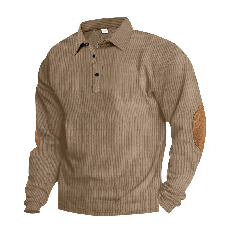 Herren nan schwerer gerippter Baumwoll-Polo-Pullover mit Kentkragen dreifach-Knopfleiste und Wildleder-Ellenbogenpatches R&B
